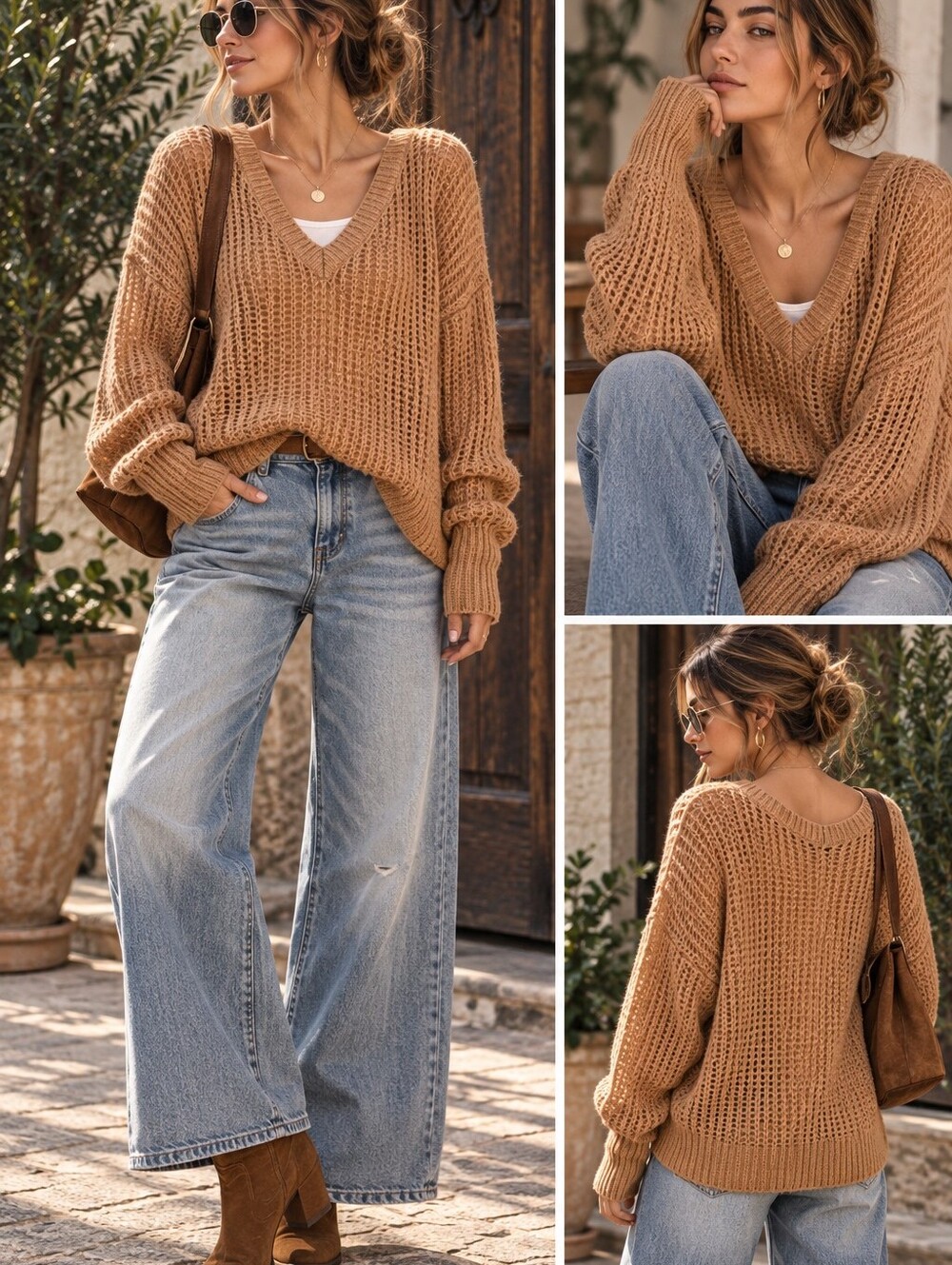 Free People Lulu V-Neck Pullover Sweater in Camel Brown, NWOT, XS
